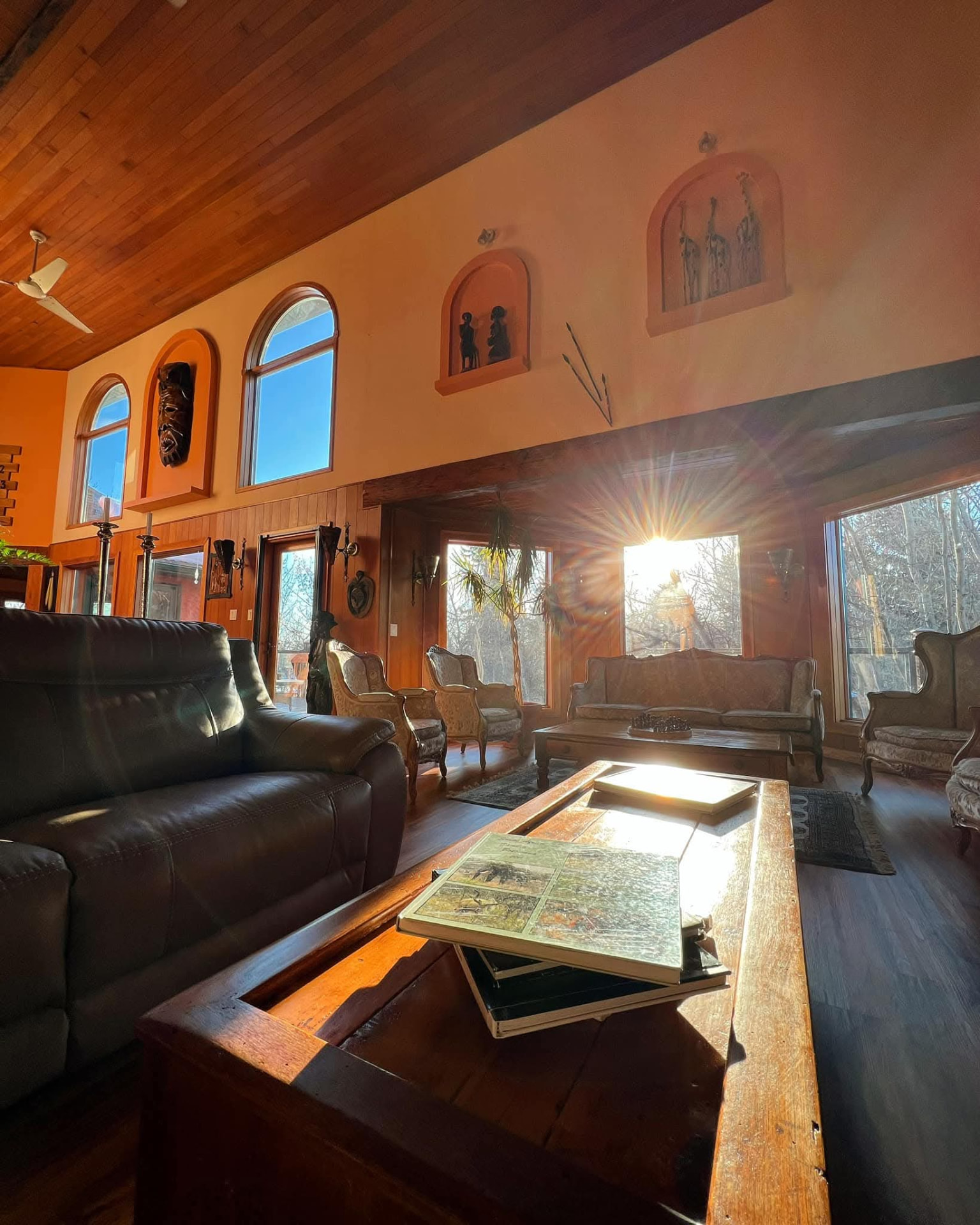 Sunlight streaming into the lodge lounge